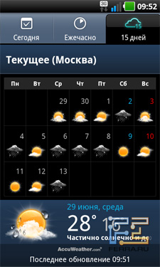 Погодный виджет и его приложение на LG Optimus Bla