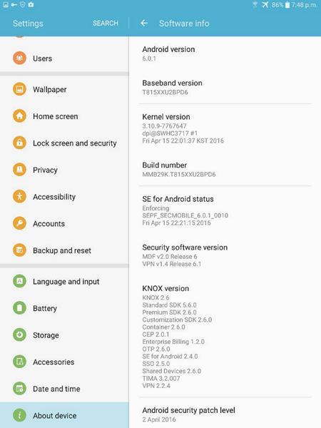 Samsung Galaxy Tab S2 9.7 Marshmallow