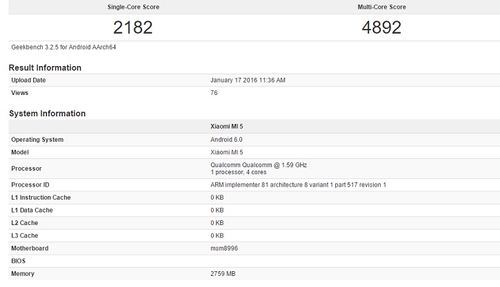 Xiaomi Mi5 Geekbench