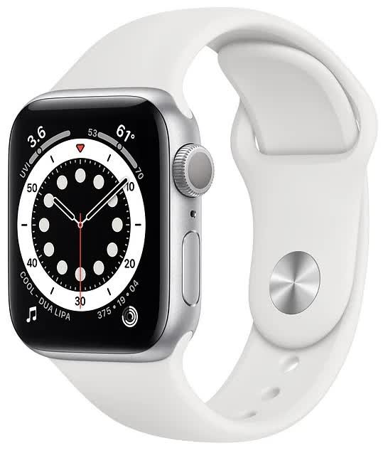 Apple Watch Series 6 GPS 44mm (RU, Aluminum Case with Sport Band, серебристый/белый)