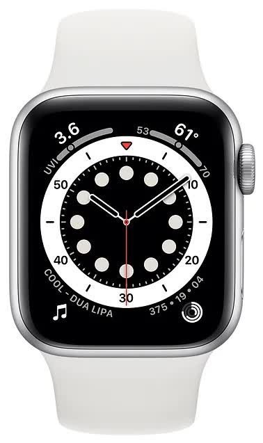 Фото товара Apple Watch Series 6 GPS 44mm (RU, Aluminum Case with Sport Band, серебристый/белый)