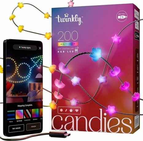 Фото товара Twinkly Candies Stars 200 диодов, в форме звезды, RGB, расстояние между лампами 6 см, зеленый провод, BT+WiFi, IP20, питание от USB-C