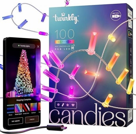 Фото товара Twinkly Candies Candles 100 диодов, 7 мм в форме свечи, RGB, расстояние между лампами 6 см, зеленый провод, BT+WiFi, IP20, питание от USB-C