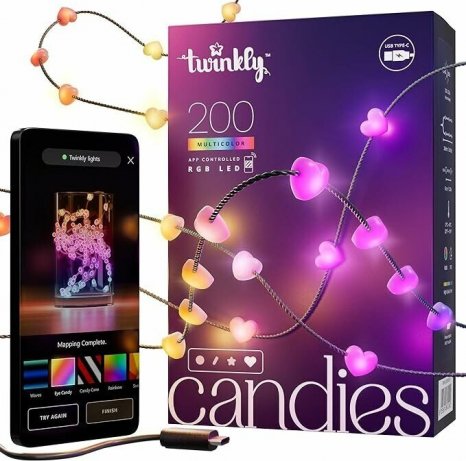 Фото товара Twinkly Candies Hearts 200 диодов, в форме сердца, RGB, расстояние между лампами 6 см, зеленый провод, BT+WiFi, IP20, питание от USB-C