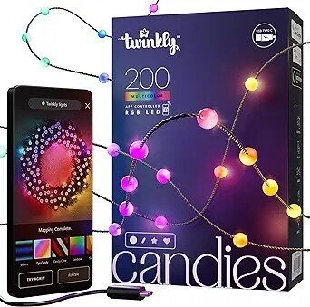 Фото товара Twinkly Candies Pearls 200 диодов, 8 мм в форме шара, RGB, расстояние между лампами 6 см, зеленый провод, BT+WiFi, IP20, питание от USB-C