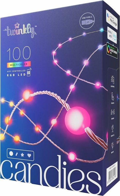 Фото товара Twinkly Candies Pearls 100 диодов, 8 мм в форме шара, RGB, расстояние между лампами 6 см, прозрачный провод, BT+WiFi, IP20, питание от USB-C