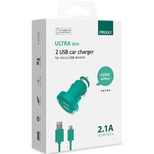 Фото товара Deppa АЗУ 2 USB 2.1А, дата-кабель microUSB, Ultra (бирюзовый)