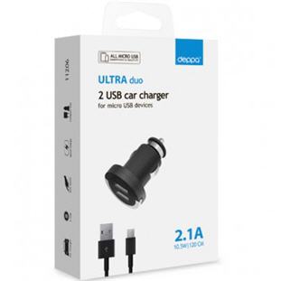 Фото товара Deppa АЗУ 2 USB 2.1А, дата-кабель microUSB, Ultra (черный)