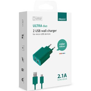 Фото товара Deppa СЗУ 2 USB 2.1А, дата-кабель microUSB, Ultra (бирюзовый)