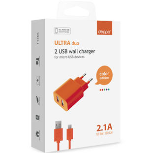 Фото товара Deppa СЗУ 2 USB 2.1А, дата-кабель microUSB, Ultra (оранжевый)