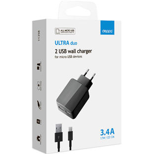 Фото товара Deppa СЗУ 2 USB 3.4A, дата-кабель micro USB, Ultra duo (белый)