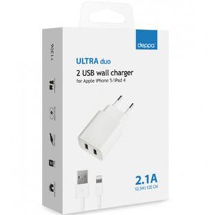 Фото товара Deppa СЗУ 2 USB 2.1А, дата-кабель 8-pin для Apple, Ultra (белый)