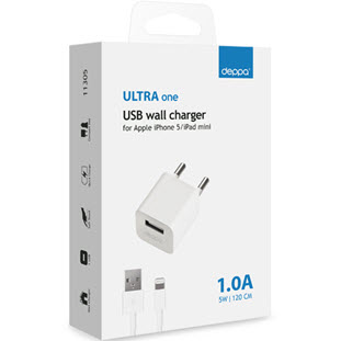 Фото товара Deppa СЗУ USB 1А, дата-кабель 8-pin для Apple, Ultra (белый)