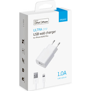 Фото товара Deppa СЗУ USB 1А, дата-кабель 8-pin для Apple, Ultra MFI (белый)