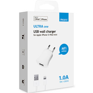 Фото товара Deppa СЗУ USB 1А, дата-кабель 8-pin для Apple, Ultra MFI (черный)