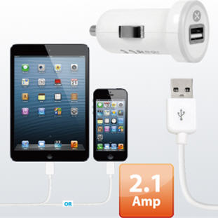 Фото товара Dexim DCA333 2.1A автомобильное для iPhone5/iPad 4/iPad mini/iPod touch 5/iPod nano 7 (белый)