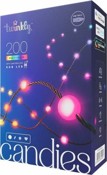 Фото товара Twinkly Candies Pearls 200 диодов, 8 мм в форме шара, RGB, расстояние между лампами 6 см, зеленый провод, BT+WiFi, IP20, питание от USB-C