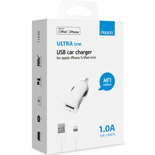 Фото товара Deppa АЗУ USB 1А, дата-кабель 8-pin для Apple, Ultra MFI (черный)