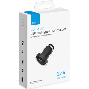 Фото товара Deppa АЗУ USB + USB Type-C 3.4A, Ultra (черный)
