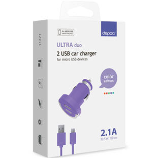 Фото товара Deppa АЗУ 2 USB 2.1А, дата-кабель microUSB, Ultra (фиолетовый)