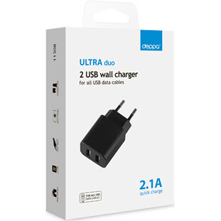 Фото товара Deppa СЗУ 2 USB 2.1А, Ultra (черный)