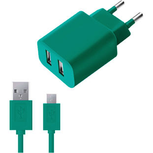 Зарядное устройство Deppa СЗУ 2 USB 2.1А, дата-кабель microUSB, Ultra (бирюзовый)