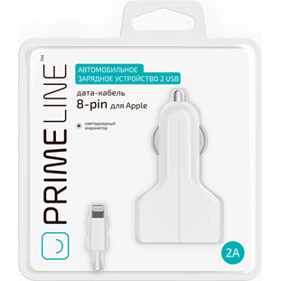 Фото товара Prime Line АЗУ 2 USB (дата-кабель 8-pin, 2А, белый)