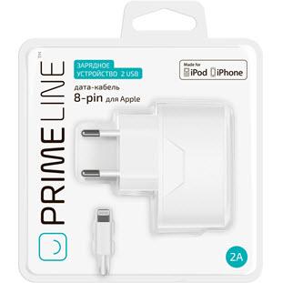 Фото товара Prime Line СЗУ 2 USB MFI (дата-кабель 8-pin, 2А, белый)