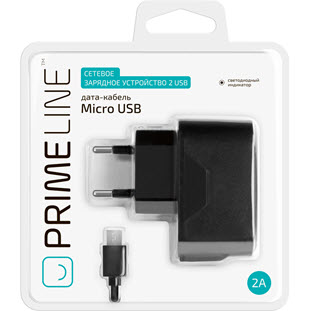 Фото товара Prime Line СЗУ 2 USB (microUSB дата-кабель, 2А, черный)