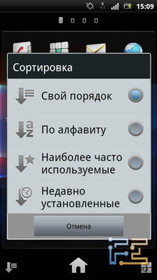 Варианты сортировки ярлыков в главном меню смартфона Sony Ericsson Xperia Arc S